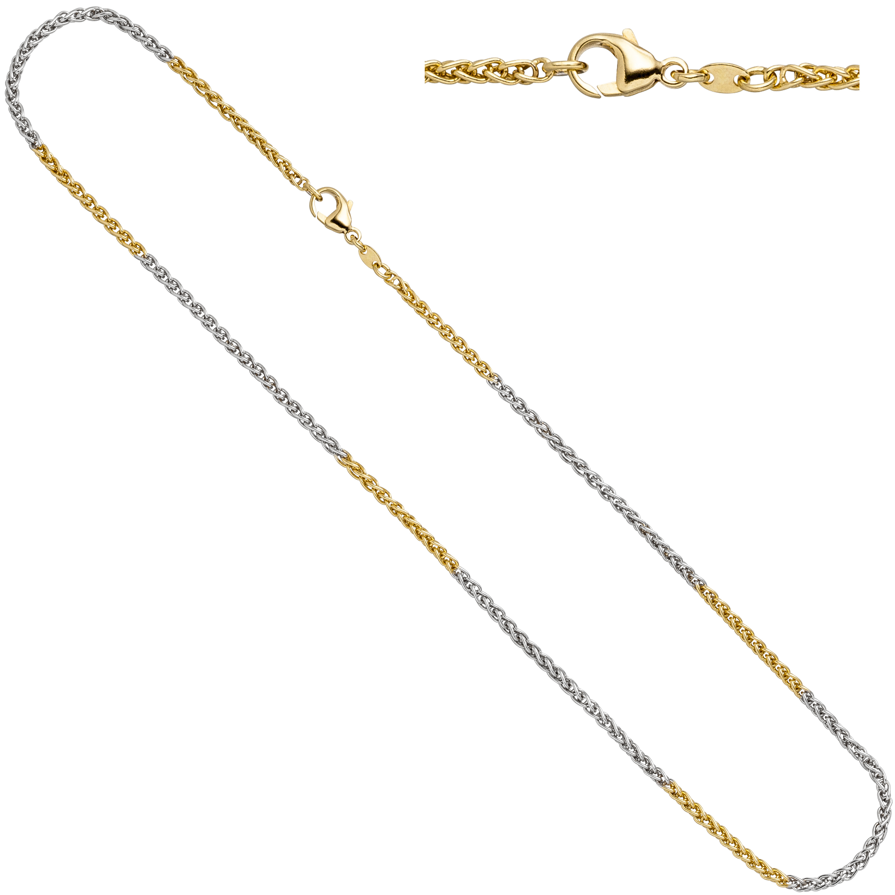 Zopfkette 585 Gelbgold Weißgold 2,2 mm 42 cm Gold Kette Halskette Karabiner