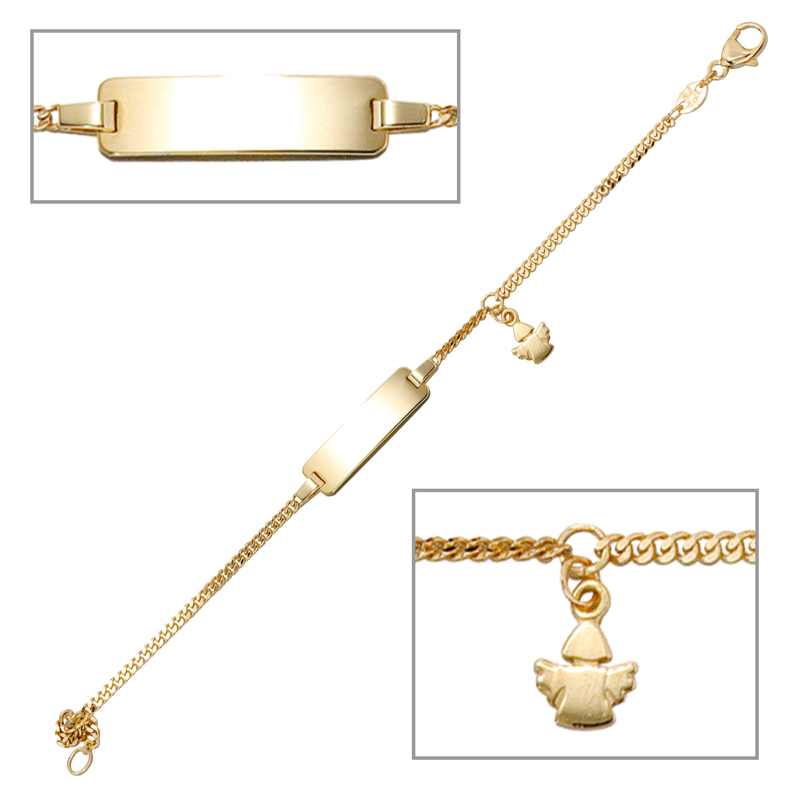 Schildband Engel 585 Gold Gelbgold 14 cm Gravur Armband Schutzengel Karabiner