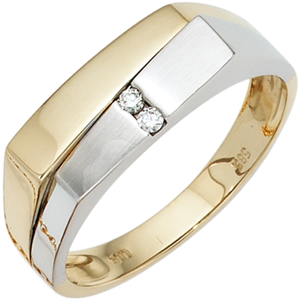 Herren Ring 585 Gold Gelbgold Weißgold teilmattiert 2 Diamanten Brillanten