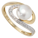 Damen Ring 585 Gold Gelbgold 1 Swasser Perle 2 Diamanten Brillanten Perlenring