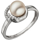 Damen Ring 925 Sterling Silber mit 1 Swasser Perle und Zirkonia Perlenring