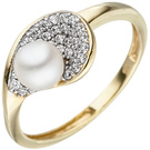 Damen Ring 375 Gold Gelbgold 1 Swasser Perle 36 Zirkonia Perlenring