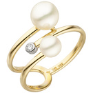Damen Ring 585 Gelbgold 2 Swasser Perlen 1 Diamant Brillant