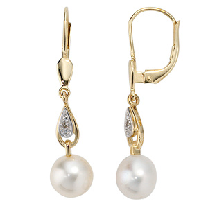 Boutons 585 Gold Gelbgold 2 Diamanten 2 Süßwasser Perlen Ohrringe Ohrhänger