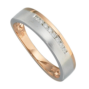 Damen Ring 585 Gold Rotgold Weigold bicolor teilmatt 8 Diamanten Brillanten
