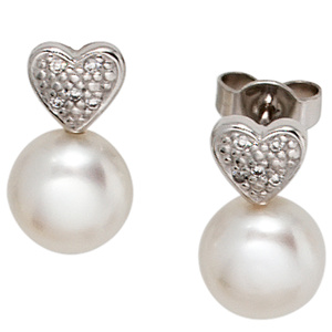 Ohrstecker Herz 585 Gold Weißgold 2 Süßwasser Perlen 10 Diamanten Ohrringe