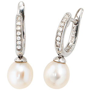 Creolen 925 Silber 2 Süßwasser Perlen 14 Zirkonia Ohrringe Perlenohrringe