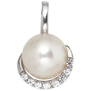 Anhänger 585 Gold Weißgold 1 Süßwasser Perle 8 Diamanten Perlenanhänger