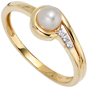 Damen Ring 333 Gold Gelbgold 1 Swasser Perle 3 Zirkonia Goldring Perlenring