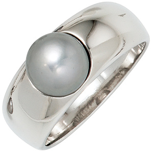 Damen Ring 925 Sterling Silber rhodiniert 1 graue Swasser Perle Perlenring