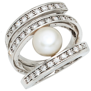 Damen Ring breit 925 Silber rhodiniert 1 Swasser Perle 31 Zirkonia Perlenring