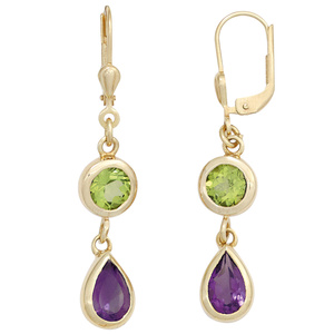 Boutons 585 Gold Gelbgold 2 Amethyste lila 2 Peridote grün Ohrringe Ohrhänger