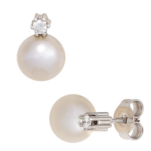 Ohrstecker 585 Weißgold 2 Süßwasser Perlen 2 Diamanten Brillanten Ohrringe