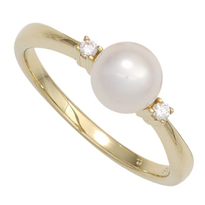 Damen Ring 585 Gold Gelbgold 1 Swasser Perle 2 Diamanten Brillanten Perlenring