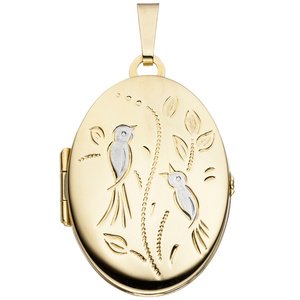 Medaillon Vögel oval für 2 Fotos 333 Gold Gelbgold matt Anhänger zum Öffnen