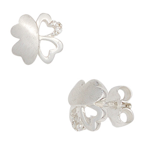 Kinder Ohrstecker Kleeblatt 925 Silber mattiert mit 4 Zirkonia Ohrringe