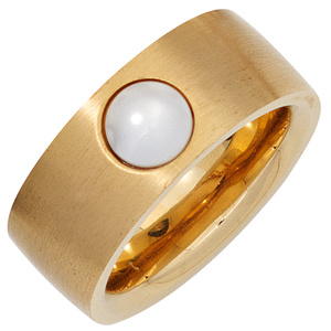Damen Ring breit Edelstahl gold farben beschichtet 1 Swasser Perle Perlenring