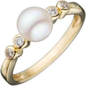 Damen Ring 333 Gold Gelbgold 1 Swasser-Perle 4 Zirkonia Goldring Perlenring