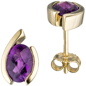 Ohrstecker oval 333 Gold Gelbgold 2 Amethyste lila violett Ohrringe