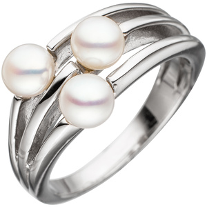 Damen Ring 925 Sterling Silber rhodiniert 3 Swasser-Perlen Perlenring