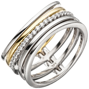 Damen Ring mehrreihig breit 925 Silber bicolor vergoldet mit 21 Zirkonia