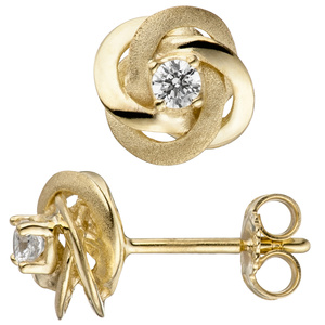 Ohrstecker verschlungen 333 Gold Gelbgold teil matt 2 Zirkonia Ohrringe