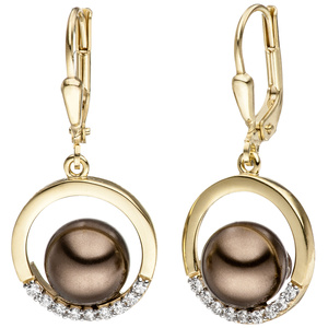 Ohrhänger 333 Gold Gelbgold bicolor mit dunklen Perlen und 18 Zirkonia Ohrringe