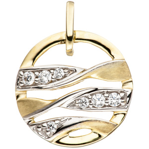Anhänger rund 333 Gold Gelbgold bicolor teil matt mit 7 Zirkonia Goldanhänger