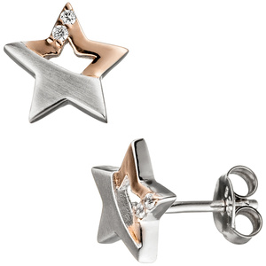 Ohrstecker Stern 925 Silber bicolor vergoldet matt mit 4 Zirkonia Ohrringe
