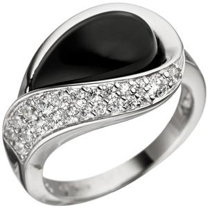 Damen Ring 925 Sterling Silber mit 22 Zirkonia 1 Onyx schwarz Silberring Onyxrin