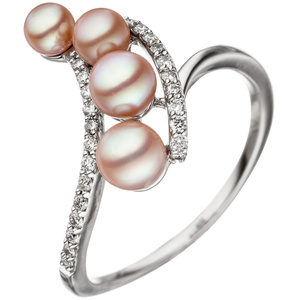 Damen Ring 585 Weigold 4 Swasser Perlen rosa 24 Diamanten Brillanten