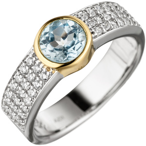 Damen Ring 925 Silber bicolor vergoldet 1 Blautopas hellblau blau 42 Zirkonia