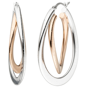 Creolen oval 925 Silber bicolor vergoldet Ohrringe mit Glitzereffekt