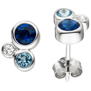 Ohrstecker 925 Sterling Silber 6 Zirkonia blau weiß Ohrringe Silberohrstecker