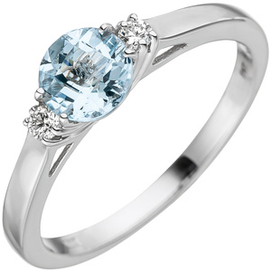 Damen Ring 585 Weigold 1 Aquamarin hellblau blau 2 Diamanten Brillanten