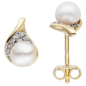 Ohrstecker 375 Gold Gelbgold 2 Süßwasser Perlen 20 Zirkonia Perlenohrringe