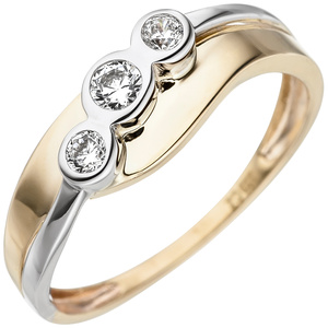 Damen Ring 333 Gold Gelbgold Weißgold bicolor 3 Zirkonia Goldring