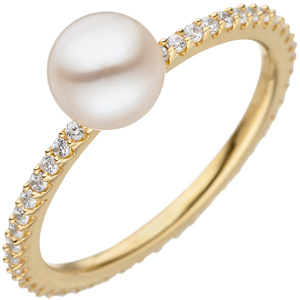 Damen Ring 925 Silber gold vergoldet 1 Swasser Perle mit Zirkonia Perlenring