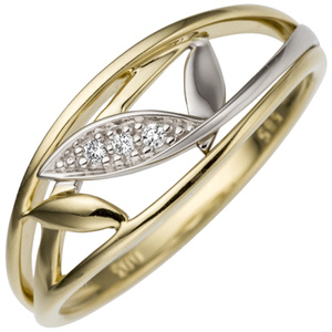 Damen Ring 585 Gold Gelbgold Weißgold bicolor 3 Diamanten Brillanten Goldring