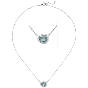 Kette mit Anhänger 925 Silber 1 Glasstein blau hellblau 29 Zirkonia 45 cm