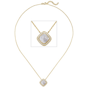 Kette mit Anhänger 925 Silber gold vergoldet Perlmutt Einlage 28 Zirkonia 45 cm