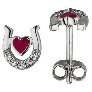 Kinder Ohrstecker Hufeisen Herz pink 925 Silber 10 Zirkonia Kinderohrringe