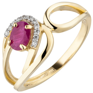 Damen Ring 333 Gold Gelbgold 1 Rubin 11 Zirkonia