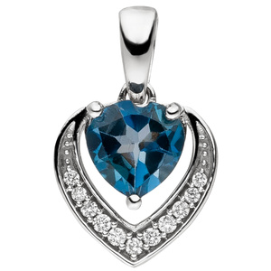 Anhänger Herz  585 Gold Weißgold 11 Diamanten Brillanten 1 Blautopas blau