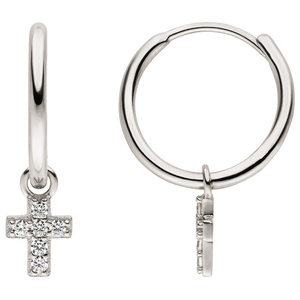Creolen Kreuz 925 Silber 12 Zirkonia Ohrringe Silbercreolen Silberohrringe