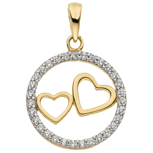 Anhänger Zwei Herzen 333 Gold Gelbgold bicolor 31 Zirkonia Goldanhänger