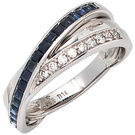 Damen Ring 585 Gold Weigold 9 Diamanten Brillanten 0,14ct. 16 Safire blau
