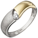 Damen Ring 925 Sterling Silber bicolor vergoldet matt 1 Zirkonia Silberring