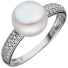 Damen Ring 333 Gold Weißgold 1 Süßwasser Perle 36 Zirkonia Perlenring Goldring