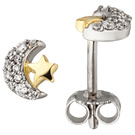 Kinder Ohrstecker Mond Stern 925 Sterling Silber bicolor vergoldet 22 Zirkonia